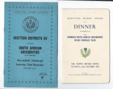 Rare 1956 Scottish Districts XV v South African Universities rugby programme and dinner menu -