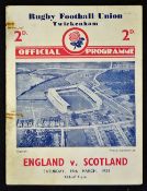 1938 England v Scotland rugby programme played 19th March at Twickenham, single sheet, tear to
