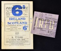 1952 Ireland v Scotland rugby programme and ticket played at Lansdowne Road c/w ticket stub, general