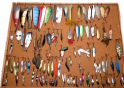 LURE DISPLAY: Large collection of metal spinning baits and lures up to 7" long, classic scale and