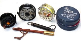 REELS: (3) & ACCESSORIES: JW Young Beaudex 3.5" alloy trout fly reel, ventilated bright finish