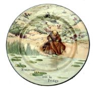 CERAMIC: Royal Doulton plate decorated by Noke, 10.5" diameter, single monk fishing on pond,
