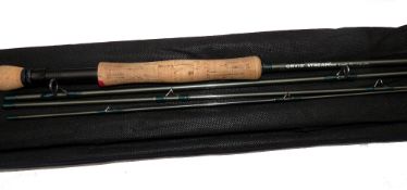ROD: Orvis Streamline 9'6" 4 piece graphite travel fly rod, line rate 7, green whipped guides on