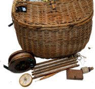 CREEL & ACCESSORIES: Early English willow creel, hinged lid, side fish slot, internal willow
