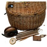 CREEL & ACCESSORIES: Early English willow creel, hinged lid, side fish slot, internal willow