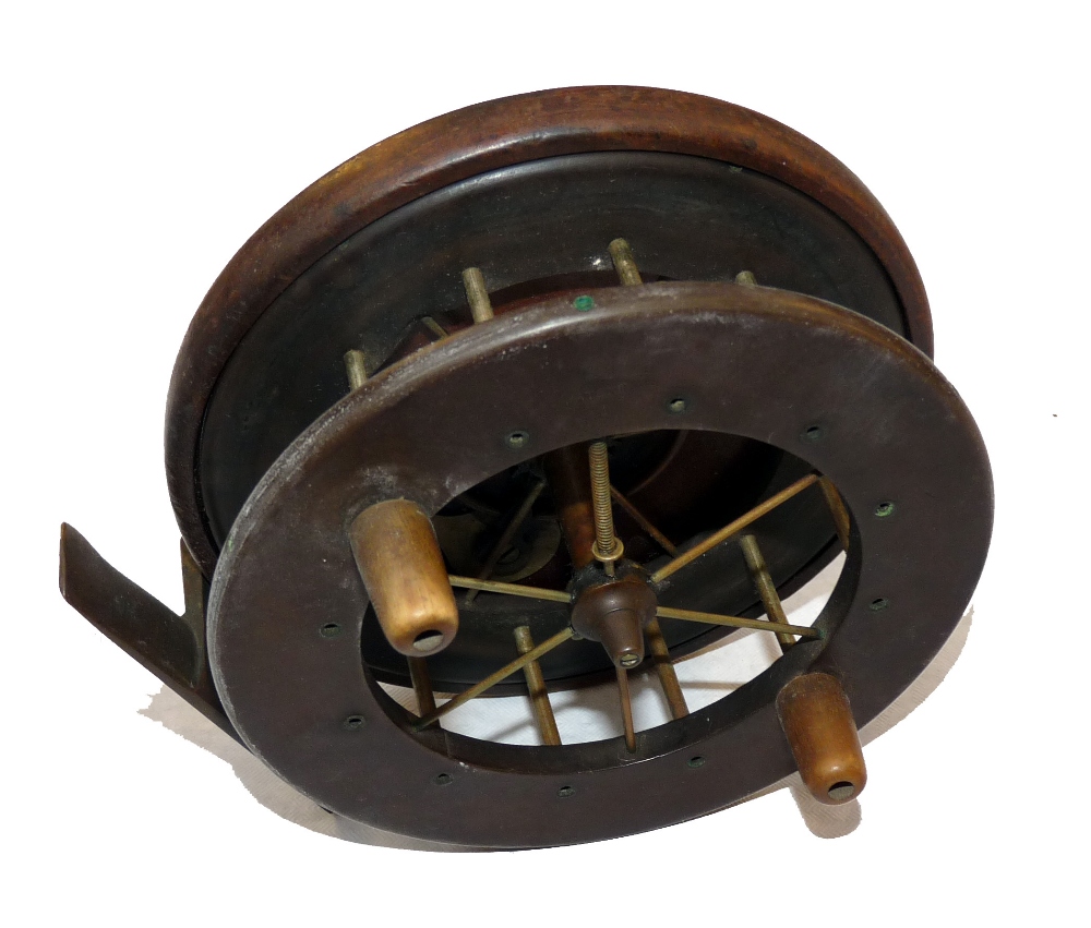 REEL: Early Coxon wood back Aerial reel,4.5" diameter, 6 spoke, NO tension regulator, wide ebonite