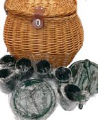 PICNIC SET: Willow traditional creel with leather straps, hinges and tab, containing plastic plates,