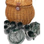PICNIC SET: Willow traditional creel with leather straps, hinges and tab, containing plastic plates,