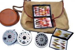 REEL & ACCESSORIES: Brady of Halesowen canvas/leather trout size classic tackle bag, containing 3