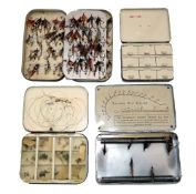 FLY BOXES: (4) Collection of 4 fly boxes, a Hardy black japanned pocket box, 4"x3", with 9