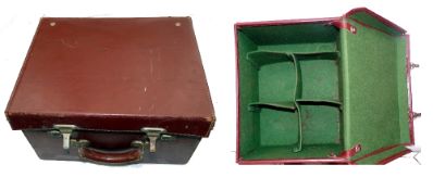 TACKLE CASE: Leather tackle case measuring 13" x10" x8", twin hasps and carry handle open to