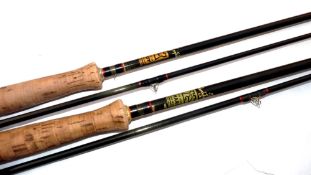 RODS: (2) Pair of Hardy Graphite trout fly rods, 9' 2 piece, line rate 7/8, 10'6" 2 piece, line rate