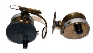 REELS: (2) Malloch Patent alloy side cast reel, 3.25" across backplate, black horn handle, on/off
