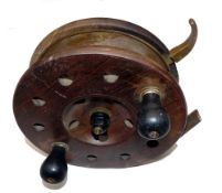 REEL: Heaton's lever brake 7" mahogany/brass big game star back reel, stamped "Heaton's Sun