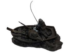 BRONZE: Roland Chadwick cast bronze Anglers model rc4, two anglers in row boat landing a fish,