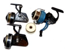 REELS (3): J W Young Ambidex Mk9 spinning reel, black & blue with shite spool, folding handle,