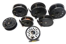 REELS & SPOOL: (7) Fine collection of JW Young fly reels, 2 x 4" Pridex, one with spring line guide,