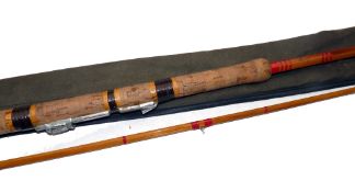 ROD: Michael Perrin custom built 10' 2 piece split cane carp rod, red space whipped guides, bronze