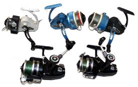 REELS: (5) JW Young Ambidex Mk9 spinning reel, black/blue finish, folding handle, an Ambidex Mk6