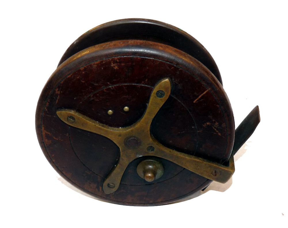 REEL: Early Coxon wood back Aerial reel,4.5" diameter, 6 spoke, NO tension regulator, wide ebonite - Image 2 of 2