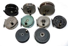 REELS & SPOOLS: (9) Collection of 7 JW Young alloy fly reels, a 4" Pridex with grey bobble finish, a