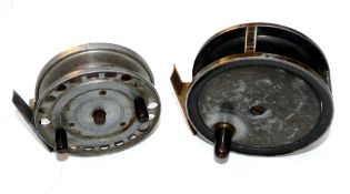 REELS (2): Heaton's 4.5" dia. alloy salmon fly reel, black handle, smooth constant check, correct