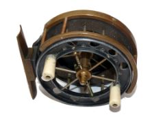 REEL: Fine Allcock Aerial alloy reel with half ebonite drum, 3" diameter, 8 large holes to front