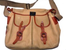 ACCESSORY: Vintage Hardy canvas/leather tackle bag, salmon size 17"x11", two front pockets, rear