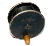 REEL: Fine Victorian brass and ebonite Malloch style salmon fly reel, 4.5" diameter, white handle,