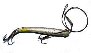 LURE: Fine early Peel style Gutta Percha hard rubber bait, 3.5" long, metal curved tail, twin