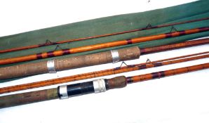 RODS: (2) Milward's Patent Swimversa 12' 3 piece hollow built cane float or river rod, spliced split
