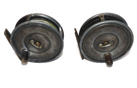 REELS: (2) Pair of Hardy Uniqua 3 1/8" alloy trout fly reels, telephone drum latches, black handles,