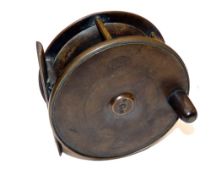 REEL: Hardy all brass Birmingham plate wind reel, 4.25" diameter, horn handle, Hardy Rod in hand and