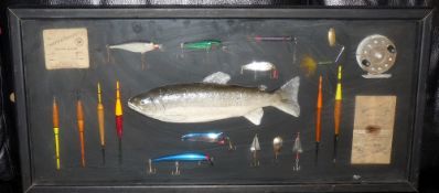 DISPLAY: Display case of classic and vintage style fishing tackle accessories, floats, casts,