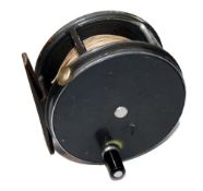 REEL: Hardy Perfect wide drum alloy salmon fly reel, 4" dia. rotating line guide, black handle,