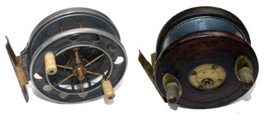 REELS: (2) Fine early Allcock's Aerial 3.5" dia. reel, 6 spoke with tension regulator, front