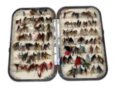 ACCESSORY: Hardy Neroda ox blood fly box, 6.25"x4", chenille bar interior, containing good selection