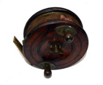 REEL: Heaton's Patent Triplelife 5" mahogany/brass starback reel, twin horn handles, central wing