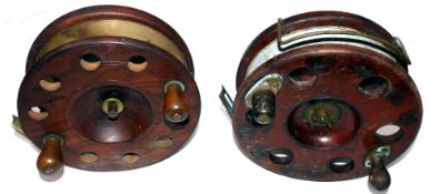 REELS: (2) Pair of English mahogany/brass big game star back reels, both 7" diameter, a Slater