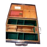 TACKLE BOX: Unusual black japanned boat tackle box with oak lined internal fittings, 19"x13"x8",