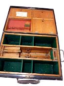 TACKLE BOX: Unusual black japanned boat tackle box with oak lined internal fittings, 19"x13"x8",