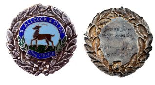 ALLCOCK MEDAL: Rare Allcock & Co. Long Service Award hallmark silver/enamel medal, 43mm diameter,