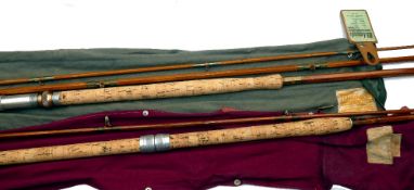 RODS: (2) Milward Flyversa 12'10" 3 piece split cane salmon fly rod, speckle whipped low bridge