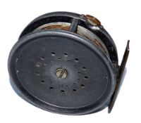 REEL: Early Hardy Perfect alloy trout fly reel, 3 3/8" diameter, white handle, Hardy logo to