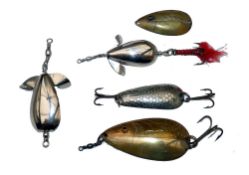 LURES: (5) Allcock 2.5" glass eyed Norwich spoon, gilt scale finish, red half under belly with hook,