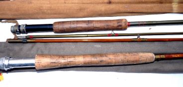 RODS: (2) Milward Flyrover 9'5" 2 piece cane trout fly rod, green speckle whipped guides,