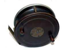 REEL: Fine 5" Slater style ebonite and brass starback combination reel, twin horn handles, 3 screw