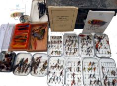 ACCESSORIES: Selection of salmon flies in 5 x alloy Wheatley & Farlow clip boxes, single hooks flies