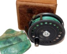 REEL: Fine Hardy St John alloy fly reel, 3.7/8" diameter, 3 screw latch, black handle, rim tension