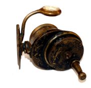 REEL: Interesting Malloch all brass multiplier reel, factory proto? 2-1/8" dia. reversible spool